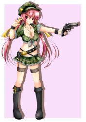 Rule 34 | 1girl, belt, breasts, brown eyes, cleavage, crop top, cross, cross necklace, front-tie top, garter straps, green skirt, gun, hair ribbon, handgun, hat, holding, holding gun, holding weapon, iname, jewelry, long hair, medium breasts, military, miniskirt, navel, necklace, original, pink hair, pleated skirt, revolver, ribbon, shiny skin, shirt, skindentation, skirt, solo, tied shirt, tongue, tongue out, twintails, weapon, yellow ribbon