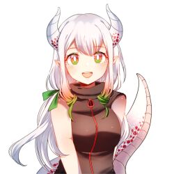 Rule 34 | 1girl, absurdres, bare arms, breasts, dragon girl, dragon horns, dragon tail, highres, horn ornament, horns, long hair, medium breasts, multicolored hair, open mouth, pointy ears, red scales, scales, smile, solo, tail, turtleneck, white hair, white horns, yuuni, zipper