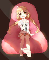 Rule 34 | 10s, 1girl, :d, absurdres, bare shoulders, barefoot, blonde hair, clothes writing, feet, futaba anzu, highres, idolmaster, idolmaster cinderella girls, long hair, looking at viewer, mk82 (hoonsyh), off shoulder, open mouth, shirt, short sleeves, sitting, smile, soles, solo, t-shirt, toes, twintails, yellow eyes, you work you lose
