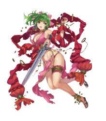 Rule 34 | 1girl, bow, breasts, cleavage, feet, female focus, fire emblem, fire emblem: genealogy of the holy war, fire emblem heroes, full body, green eyes, green hair, hair bow, highres, holding, holding sword, holding weapon, injury, lene (fire emblem), long hair, matching hair/eyes, medium breasts, midriff, navel, nintendo, official art, pelvic curtain, pink bow, reverse grip, ryona, sandals, solo, sword, thigh strap, toes, torn clothes, transparent background, weapon, yoshiku (oden-usagi)