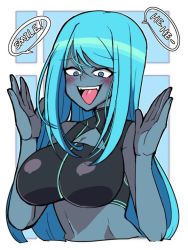 Rule 34 | 1girl, bad id, bad twitter id, blue eyes, blue hair, blush, bra, breasts, cleavage, cleavage cutout, clothing cutout, colored skin, dark samus, english text, iriomote umineko, large breasts, long hair, metroid, metroid prime, nintendo, open mouth, simple background, smile, solo, sports bra, super smash bros., tongue, tongue out, underwear, upper body, very long hair