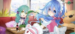 Rule 34 | + +, 2girls, :o, blue eyes, blue hair, building, cola, couch, date a live, date a live: spirit pledge, food, green eyes, green hair, indoors, maid, maid headdress, multiple girls, natsumi (date a live), official art, open mouth, pillow, puffy short sleeves, puffy sleeves, short sleeves, stuffed animal, stuffed toy, window, yoshino (date a live), yoshinon
