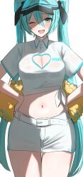 Rule 34 | 1girl, absurdres, belt, black hat, black ribbon, blue eyes, blue hair, breasts, cleavage cutout, clothing cutout, collared shirt, cropped shirt, hair between eyes, hair ribbon, hana hebi, hands on own hips, hat, hatsune miku, heart cutout, highres, looking at viewer, medium breasts, midriff, navel, open mouth, pom pom (cheerleading), ribbon, shirt, short shorts, shorts, simple background, smile, solo, sweat, tied shirt, visor cap, vocaloid, white background, white belt, white shirt, white shorts