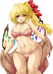 Rule 34 | 1girl, absurdres, blonde hair, bra, breasts, cleavage, commentary request, crystal wings, flandre scarlet, hair ribbon, highres, large breasts, long hair, looking at viewer, navel, one side up, panties, pants, pink bra, pink panties, pointy ears, poke200, red eyes, red ribbon, ribbon, side ponytail, simple background, solo, touhou, underwear, variant set, white background