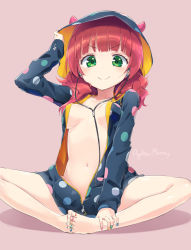 Rule 34 | &gt;:), 1girl, barefoot, blunt bangs, blush, bottomless, breasts, butterfly sitting, character name, earphones, feet, feet together, green eyes, homura subaru, hood, hoodie, horns, knees apart feet together, long hair, looking at viewer, multicolored nails, nail polish, naked hoodie, navel, no bra, open clothes, original, pink background, polka dot, red hair, simple background, sitting, smile, solo, toenail polish, toenails, v-shaped eyebrows