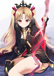 Rule 34 | 1girl, absurdres, artist request, asymmetrical legwear, black dress, blonde hair, blush, breasts, cape, dress, earrings, ereshkigal (fate), fate/grand order, fate (series), gold trim, highres, hood, hooded cape, hoop earrings, huge filesize, infinity symbol, jewelry, long hair, looking at viewer, medium breasts, meslamtaea (weapon), parted bangs, polearm, short dress, single thighhigh, sitting, skull, spear, spine, thighhighs, thighs, tiara, two side up, uneven legwear, weapon