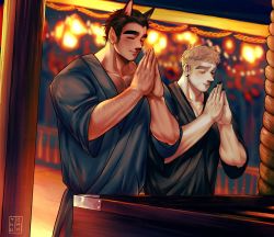 Rule 34 | 2boys, animal ears, arm hair, bara, closed mouth, commentary, dog ears, closed eyes, highres, japanese clothes, kimono, male focus, mature male, multiple boys, muscular, muscular male, original, own hands together, praying, short hair, smile, tiowinwin, yukata