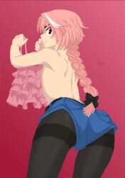 Rule 34 | 1boy, absurdres, astolfo (fate), black ribbon, bow, fang, fate (series), highres, hotpants, long braid, long hair, looking at viewer, looking back, multicolored hair, pantyhose, pink hair, pixel art, ribbon, short shorts, shorts, streaked hair, thejduck, topless male, trap, white hair
