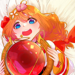 Rule 34 | 1girl, blue eyes, eight-tailed fox nari, fox girl, grin, guardian tales, hair ornament, highres, holding, holding weapon, long hair, open mouth, orange hair, orb, red ribbon, ret, ribbon, smile, teeth, upper teeth only, weapon