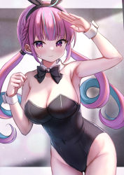 Rule 34 | 1girl, 3:, animal ears, arm up, armpits, black hairband, black leotard, blue hair, blunt bangs, blurry, blurry background, breasts, cleavage, closed mouth, collarbone, cowboy shot, depth of field, fake animal ears, frown, groin, hairband, highres, hololive, large breasts, leotard, long hair, looking at viewer, low twintails, minato aqua, multicolored hair, playboy bunny, purple eyes, purple hair, rabbit ears, sakuraume, solo, strapless, strapless leotard, streaked hair, sweatdrop, twintails, two-tone hair, virtual youtuber, wrist cuffs