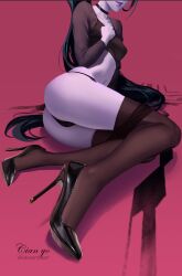 Rule 34 | 1girl, absurdres, ass, black hair, black panties, black pantyhose, breasts, choker, cian yo, clothes pull, colored skin, commentary, crop top, english commentary, foreshortening, hand on own chest, head out of frame, high heels, highres, legs, lips, long hair, medium breasts, overwatch, overwatch 1, panties, pantyhose, pantyhose pull, parted lips, photoshop (medium), pink background, purple skin, sitting, solo, string panties, underwear, very long hair, widowmaker (overwatch), yokozuwari