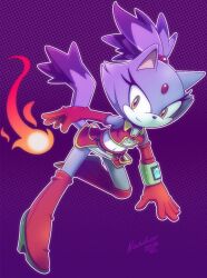 Rule 34 | 1girl, animal ears, blaze the cat, boots, cat ears, cat girl, cat tail, crop top, eyelashes, fire, forehead jewel, furry, furry female, gloves, highres, looking at viewer, midriff, nancher, ponytail, purple fur, pyrokinesis, red gloves, skirt, sonic (series), tail, thigh boots