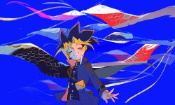 Rule 34 | 1boy, belt, black belt, black hair, blonde hair, blue background, blush, buttons, clenched teeth, closed eyes, commentary, dyed bangs, grin, hair between eyes, highres, jacket, jewelry, long sleeves, male focus, millennium puzzle, multicolored hair, muto yugi, necklace, open clothes, open jacket, pants, school uniform, smile, solo, spiked hair, spread fingers, ssbaby, symbol-only commentary, teeth, yu-gi-oh!
