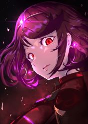 Rule 34 | 1girl, armor, black background, dark persona, earrings, glowing, glowing eyes, highres, jewelry, looking at viewer, medium hair, parted lips, portrait, profile, purple hair, pyra (xenoblade), red armor, red background, red eyes, risumi (taka-fallcherryblossom), slit pupils, solo, spoilers, teeth, thick lips, tiara, xenoblade chronicles (series), xenoblade chronicles 2