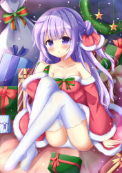 Rule 34 | 1girl, :o, alternate costume, arm support, azur lane, bad id, bad pixiv id, bare shoulders, blush, box, christmas, christmas wreath, collarbone, commentary request, detached sleeves, dress, fur-trimmed dress, fur-trimmed sleeves, fur trim, gift, gift box, hair bun, hair ribbon, head tilt, holding, holding gift, kedama (kedama akaza), long hair, long sleeves, looking at viewer, no shoes, one side up, panties, parted lips, polka dot, purple eyes, purple hair, red dress, red ribbon, ribbon, sack, santa costume, side bun, single hair bun, single side bun, sitting, solo, star (symbol), strapless, strapless dress, thighhighs, underwear, unicorn (azur lane), very long hair, white panties, white thighhighs, wide sleeves, wreath