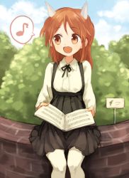 Rule 34 | 1girl, :d, animal ears, bad id, bad twitter id, blue sky, book, cloud, day, dress, holding, holding book, kodamari, long hair, matching hair/eyes, minna-dietlinde wilcke, musical note, open mouth, orange eyes, orange hair, quaver, ribbon, sheet music, sitting, sky, smile, solo, speech bubble, spoken musical note, staff (music), strike witches, wolf ears, world witches series, aged down