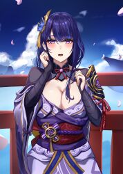Rule 34 | 1girl, absurdres, armor, blue sky, blush, breasts, bridal gauntlets, cleavage, cloud, commentary request, falling petals, flower, genshin impact, hair flower, hair ornament, hands up, highres, japanese clothes, kamishiro noa, kimono, large breasts, looking at viewer, mitsudomoe (shape), mole, mole under eye, neck ribbon, obiage, obijime, open mouth, outdoors, petals, purple eyes, purple flower, purple hair, purple kimono, raiden shogun, red ribbon, red sash, ribbon, sash, shoulder armor, shrug (clothing), sidelocks, sky, solo, swept bangs, tassel, tomoe (symbol), upper body, vision (genshin impact), wide sleeves