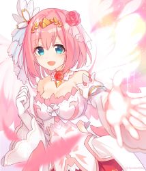 Rule 34 | 1girl, ayataka, bare shoulders, blouse, blue eyes, blush, bob cut, breasts, hair ornament, hairband, highres, large breasts, looking at viewer, open mouth, pink hair, princess connect!, reaching, reaching towards viewer, red skirt, shirt, short hair, skirt, smile, solo, yui (princess) (princess connect!), yui (princess connect!)