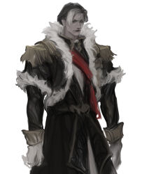 Rule 34 | 1boy, arms at sides, belt, black coat, brown hair, coat, commentary, cowboy shot, emet-selch, english commentary, epaulettes, final fantasy, final fantasy xiv, frown, fur-trimmed coat, fur trim, garlean, gloves, long sleeves, looking at viewer, male focus, mature male, multicolored hair, no lineart, painterly, red sash, sash, shawnstaw, short hair, simple background, solo, standing, third eye, two-tone hair, white background, white gloves, white hair, yellow eyes