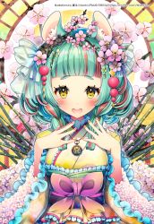 Rule 34 | 1girl, :d, artist name, bamboo, blue hair, blush, branch, chinese zodiac, commentary request, fingernails, floral print, flower, frilled sleeves, frills, green hair, hair flower, hair ornament, hands up, highres, japanese clothes, kimono, long sleeves, multicolored hair, nail polish, naoto (yandereheaven), nengajou, new year, obi, open mouth, orange nails, original, pink flower, pixiv id, print kimono, red hair, sash, short eyebrows, signature, smile, solo, streaked hair, teeth, thick eyebrows, typo, upper body, upper teeth only, watermark, web address, white flower, wide sleeves, year of the rat, yellow eyes, yellow kimono