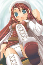 Rule 34 | 1girl, aty, aty (summon night), beret, blush, boots, bow, bow panties, coat, dress, from below, green eyes, hat, lace, lace-trimmed panties, lace trim, leg lift, long hair, miniskirt, overcoat, panties, pantyshot, red hair, shoe soles, short dress, skirt, solo, summon night, summon night 3, thigh boots, thighhighs, underwear, upskirt, white footwear, white panties