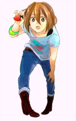 Rule 34 | 1girl, bad id, bad pixiv id, boots, brown eyes, brown hair, casual, denim, food, fruit, hino (gonta523), hirasawa yui, holding, holding food, holding fruit, jeans, k-on!, listen!!, pants, short hair, solo, strawberry