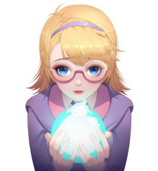 Rule 34 | 10s, 1girl, arms up, blonde hair, blue eyes, collar, commentary request, dress, eyelashes, glasses, hairband, lips, lipstick, little witch academia, looking at viewer, lotte jansson, makeup, purple dress, purple hairband, qi kou, red lips, round eyewear, short hair, simple background, solo, white background, white collar, wing collar