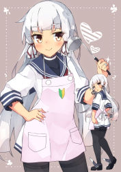Rule 34 | 1girl, apron, beritabo, black footwear, black pantyhose, blue sailor collar, blush, brown background, brown eyes, closed mouth, commentary request, covered collarbone, dress, hair ribbon, hand on own hip, heart, highres, holding, kantai collection, ladle, long hair, multiple views, murakumo (kancolle), pantyhose, parted lips, pink apron, pleated dress, red ribbon, ribbon, sailor collar, sailor dress, shoes, sidelocks, silver hair, smile, thighband pantyhose, very long hair, white dress