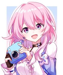 Rule 34 | 1girl, absurdres, black choker, black gloves, blue background, blue eyes, blue jacket, border, camera, choker, commentary, diamond-shaped pupils, diamond (shape), dress shirt, earrings, flower ornament, gloves, gradient background, hands up, highres, holding, holding camera, honkai: star rail, honkai (series), jacket, jewelry, kodamakoma, long sleeves, looking at viewer, march 7th (honkai: star rail), medium hair, open mouth, outline, outside border, partially fingerless gloves, pink background, pink eyes, pink hair, shirt, single earring, single glove, smile, solo, symbol-shaped pupils, tied jacket, two-tone eyes, upper body, white border, white outline, white shirt