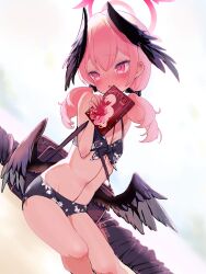 Rule 34 | 1girl, bag, bikini, black bag, black bikini, black bow, black wings, blue archive, blush, book, bow, breasts, commentary, double-parted bangs, feathered wings, feet out of frame, floral print, front-tie bikini top, front-tie top, gun, hair bow, halo, head wings, highres, holding, holding book, koharu (blue archive), koharu (swimsuit) (blue archive), long hair, looking to the side, low twintails, low wings, navel, official alternate costume, oozumi 03, parted lips, pink eyes, pink hair, pink halo, pornography, print bikini, shoulder bag, small breasts, solo, swimsuit, twintails, weapon, wings