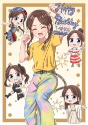 Rule 34 | belt, blue eyes, boots, braid, brown hair, chibi, closed eyes, commentary request, dated, dress, earrings, frilled dress, frills, grin, hair bun, happy birthday, highres, jewelry, knee boots, low twin braids, minase inori, multicolored pants, multiple persona, open mouth, pants, plaid, plaid dress, plaid headwear, polka dot, polka dot dress, real life, shirt, single hair bun, smile, syun (syun1202), t-shirt, twin braids, twintails, v, voice actor, yellow shirt