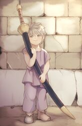 Rule 34 | 1boy, aged down, b-saku, bare arms, brick wall, child, closed mouth, crack, cracked wall, dragon quest, dragon quest dai no daibouken, grey hair, hand up, happy, highres, holding, holding sword, holding weapon, hyunkel, looking at viewer, male focus, pants, purple pants, purple shirt, sheath, sheathed, shirt, shoes, short hair, smile, solo, sword, weapon