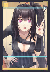 Rule 34 | 1girl, architect (girls&#039; frontline), asymmetrical clothes, asymmetrical hair, black hair, breasts, cleavage, girls&#039; frontline, hand on own hip, large breasts, long hair, looking at viewer, nail polish, pink eyes, pink nails, sangvis ferri, sarasa (kanbi), side ponytail, solo, very long hair