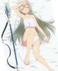 Rule 34 | 1girl, absurdres, anime screenshot, bed, camisole, closed eyes, futoku no guild, highres, long hair, lying, maidena angers, open mouth, panties, screencap, stitched, third-party edit, underwear, white camisole, white hair, white panties