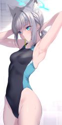 Rule 34 | 1girl, animal ear fluff, animal ears, armpits, arms behind head, arms up, bare arms, blue archive, blue eyes, breasts, competition swimsuit, cowboy shot, cross hair ornament, fukai ryosuke, grey hair, hair ornament, hair tie in mouth, halo, highleg, highleg swimsuit, highres, mismatched pupils, mouth hold, one-piece swimsuit, revision, shiroko (blue archive), shiroko (swimsuit) (blue archive), sidelocks, small breasts, solo, swimsuit, two-tone swimsuit, tying hair, wet, white background
