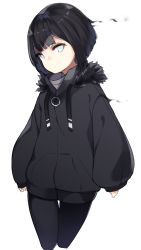 Rule 34 | 1girl, bad id, bad pixiv id, black hair, black jacket, black pants, blue eyes, closed mouth, commentary request, cowboy shot, cropped legs, fur-trimmed jacket, fur trim, highres, jacket, long sleeves, looking at viewer, naki (otokuyou), original, otokuyou, pants, pantyhose, puffy long sleeves, puffy sleeves, short hair, simple background, sleeves past wrists, solo, thigh gap, white background