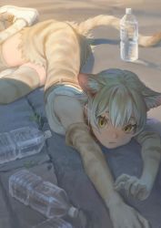 Rule 34 | 1girl, animal ears, animal print, bare shoulders, belt, blonde hair, bottle, cat (kemono friends), cat ears, cat girl, cat print, cat tail, commentary request, elbow gloves, extra ears, gloves, high-waist skirt, highres, kemono friends, lying, multicolored hair, on side, print gloves, print skirt, print thighhighs, shadow, shoes, short hair, skirt, sleeveless, sneakers, solo, tail, thighhighs, tunapon01, water bottle, yellow eyes