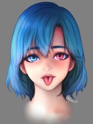 Rule 34 | 1girl, absurdres, blue eyes, blue hair, commentary, english commentary, grey background, heterochromia, highres, looking at viewer, nuevii, portrait, red eyes, short hair, signature, simple background, solo, tatara kogasa, tongue, tongue out, touhou