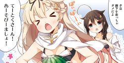 Rule 34 | &gt; &lt;, 10s, 2girls, ahoge, aqua eyes, bikini, bikini top only, blonde hair, blush, braid, breasts, brown hair, cleavage, collarbone, closed eyes, fang, food, french braid, fruit, hair flaps, hair ornament, hair ribbon, hairclip, hairpin, kantai collection, multiple girls, navel, off shoulder, open mouth, remodel (kantai collection), ribbon, scarf, shigure (kancolle), single braid, small breasts, swimsuit, translation request, watermelon, yume no owari, yuudachi (kancolle)