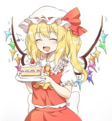 Rule 34 | 1girl, :d, ^ ^, absurdres, ascot, blonde hair, blush, bow, cake, cake slice, closed eyes, collared shirt, crystal, drooling, fang, flandre scarlet, food, frilled shirt collar, frills, fruit, hat, hat bow, highres, holding, holding plate, kaoling, long hair, mob cap, mouth drool, one side up, open mouth, plate, puffy short sleeves, puffy sleeves, red bow, red skirt, red vest, shirt, short sleeves, simple background, skirt, smile, solo, strawberry, touhou, vest, white background, white hat, white shirt, wings, yellow ascot