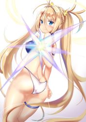 Rule 34 | 1girl, armband, ass, back, bad id, bad twitter id, bare arms, bare shoulders, bikini, blonde hair, blue bikini, blue eyes, blush, bradamante (fate), bradamante (third ascension) (fate), braid, breasts, closed mouth, detached collar, fate/grand order, fate (series), from behind, gradient background, hair between eyes, hair intakes, hair ornament, highleg, highleg bikini, highres, long hair, looking at viewer, looking back, medium breasts, mismatched bikini, sidelocks, smile, solo, star (symbol), swimsuit, thigh strap, thighs, twintails, very long hair, white bikini, yuano