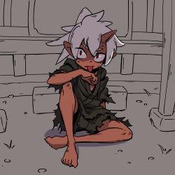 Rule 34 | 1boy, ammonio, bad id, bad twitter id, child, colored skin, grey background, horns, japanese clothes, kimono, licking, male focus, oni, original, pointy ears, ponytail, red eyes, red skin, single horn, sitting, solo, tongue, tongue out, white hair, yukata