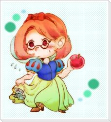 Rule 34 | 1girl, apple, artist request, blush, brittany (pikmin), cosplay, disney, food, fruit, glasses, headband, lowres, nintendo, orange hair, pikmin (series), pikmin 3, puff and slash sleeves, puffy sleeves, snow white, snow white (cosplay), snow white (disney), snow white and the seven dwarfs, solo