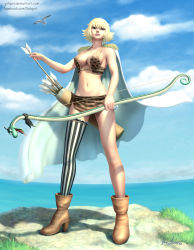 Rule 34 | 1girl, amazon warrior, animal print, arrow (projectile), asymmetrical legwear, bad id, bad pixiv id, bikini, blonde hair, blue sky, boots, bow (weapon), breasts, brown eyes, brown footwear, cleavage, cloud, day, female focus, full body, gohpot, grass, high heel boots, high heels, highres, horizon, large breasts, leopard print, marguerite (one piece), ocean, one piece, outdoors, realistic, shadow, signature, skirt, sky, solo, striped clothes, striped thighhighs, swimsuit, thighhighs, uneven legwear, vertical-striped clothes, vertical-striped thighhighs, weapon