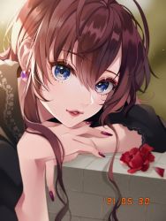 Rule 34 | 1girl, absurdres, black shirt, blue eyes, blurry, blurry background, brick, brown hair, commentary request, day, depth of field, earrings, eyelashes, fingernails, floral print, flower, hair between eyes, head rest, highres, ichinose shiki, idolmaster, idolmaster cinderella girls, jewelry, light particles, light smile, lips, long fingernails, long hair, looking at viewer, nail polish, outdoors, own hands together, parted lips, pink nails, portrait, print shirt, red flower, red lips, red rose, rose, rose print, sasakichi (ssk chi), shirt, sidelocks, sleeves past elbows, solo, sunlight, timestamp