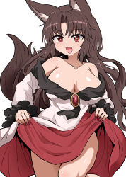 Rule 34 | + +, 1girl, animal ears, bare shoulders, breasts, brown hair, chups, claws, cleavage, clothes lift, collarbone, cowboy shot, dress, fang, hair intakes, highres, imaizumi kagerou, jewelry, large breasts, lifted by self, long hair, long sleeves, looking at viewer, off-shoulder dress, off shoulder, puffy long sleeves, puffy sleeves, red eyes, red nails, skirt, skirt lift, solo, tail, touhou, wavy hair, white background, white dress, wolf ears, wolf girl, wolf tail