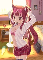 Rule 34 | 1girl, animal ears, arched back, arms up, bed, black thighhighs, blanket, blunt bangs, blush, bow, bow bra, bowtie, unworn bowtie, bra, breasts, briefcase, brown eyes, brown hair, brown scarf, bunching hair, carpet, cat ears, cat tail, chair, cleavage, closed mouth, collarbone, commentary request, cowboy shot, curtains, day, desk, hair bow, hairdressing, highres, indoors, lifted by tail, looking at viewer, medium breasts, mouth hold, navel, open clothes, open shirt, original, photo (object), picture frame, pink bow, pink bra, plaid, plaid skirt, pleated skirt, red bow, red bowtie, red skirt, room, scarf, unworn scarf, school briefcase, school uniform, shirt, sidelocks, skirt, smile, solo, standing, stomach, stuffed animal, stuffed toy, table, tail, tareme, teddy bear, thighhighs, toujou mina, twintails, underwear, white shirt, window, wooden floor, zettai ryouiki