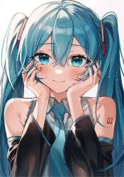 Rule 34 | 1girl, absurdres, aqua eyes, aqua hair, aqua necktie, bare shoulders, black sleeves, blush, closed mouth, collared shirt, commentary, crossed bangs, detached sleeves, grey shirt, hair between eyes, hair ornament, hands on own cheeks, hands on own face, hannahkwok4, hatsune miku, highres, long hair, looking at viewer, necktie, number tattoo, shirt, shoulder tattoo, simple background, sleeveless, sleeveless shirt, smile, solo, tattoo, twintails, upper body, vocaloid, white background