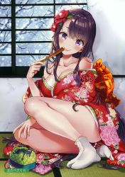 Rule 34 | 1girl, absurdres, bare shoulders, between legs, black hair, blush, branch, breasts, cleavage, closed mouth, collarbone, fingernails, flower, hair between eyes, hair flower, hair ornament, hand between legs, highres, holding, japanese clothes, kimono, large breasts, long hair, looking at viewer, melonbooks, non-web source, open clothes, open shirt, otabe sakura, purple eyes, purple hair, scan, shirt, sitting, smile, snow, socks, solo, translated, tree, white footwear