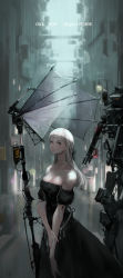 Rule 34 | 1girl, absurdres, bare shoulders, black dress, blunt bangs, blurry, blurry background, bow, breasts, city, cleavage, dress, grey eyes, hair bow, highres, jewelry, jittsu, long hair, looking at viewer, medium breasts, necklace, original, rain, road, robot, science fiction, silver hair, solo, strapless, strapless dress, street, umbrella